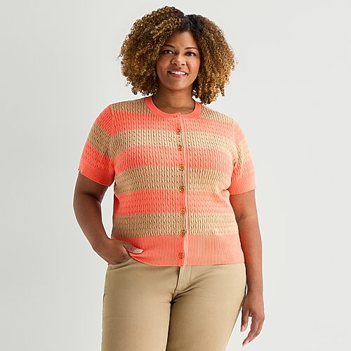 St. John's Bay Womens Split Crew Neck Short Sleeve Button Plus Striped Cable Knit Cardigan In Orange