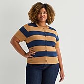 St. John's Bay Womens Crew Neck Short Sleeve Button Plus Striped Cable Knit Cardigan
