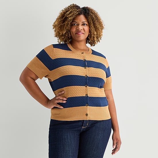 St. John's Bay Womens Crew Neck Short Sleeve Button Plus Striped Cable Knit Cardigan