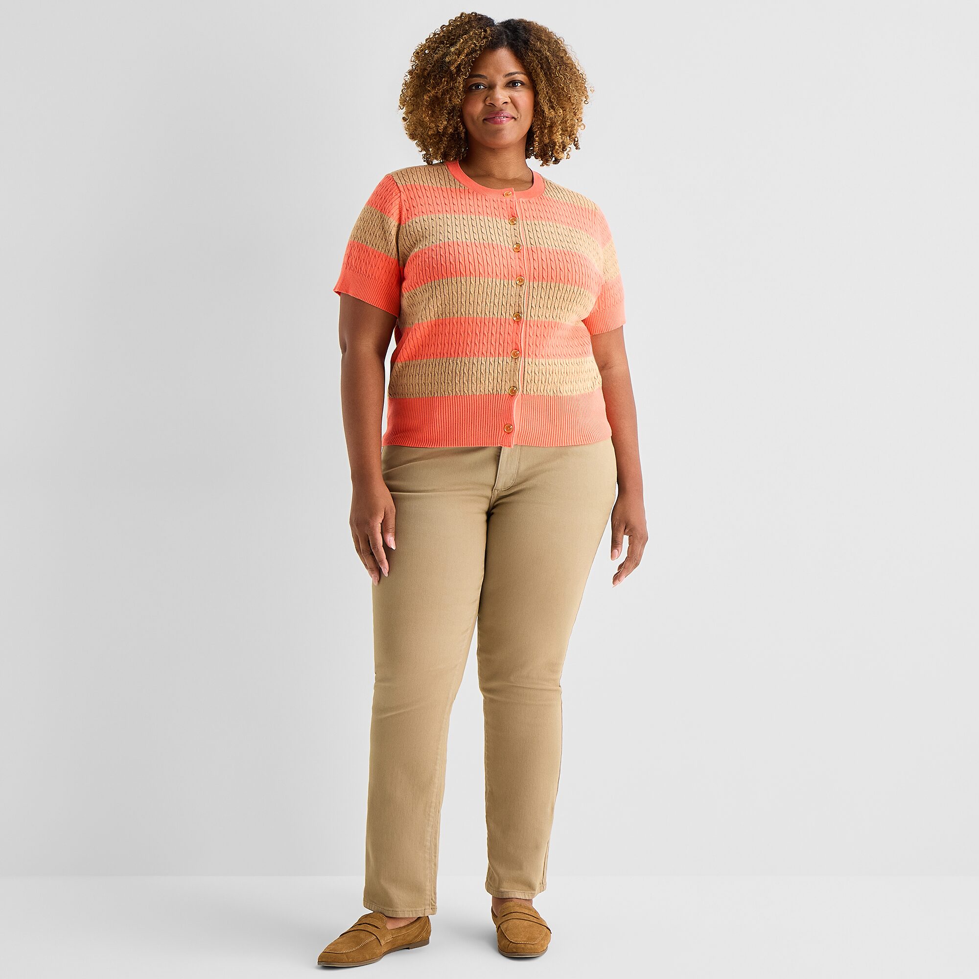 St. John's Bay Womens Split Crew Neck Short Sleeve Button Plus Striped Cable Knit Cardigan