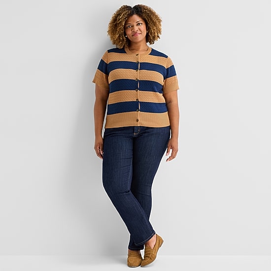 St. John's Bay Womens Crew Neck Short Sleeve Button Plus Striped Cable Knit Cardigan