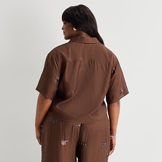Worthington Womens Plus Drop Shoulder Short Sleeve Regular Fit Button-Down Shirt