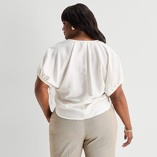Worthington Womens Plus Split Crew Neck Elbow Sleeve Blouse