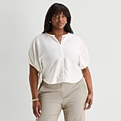 Worthington Womens Plus Split Crew Neck Elbow Sleeve Blouse