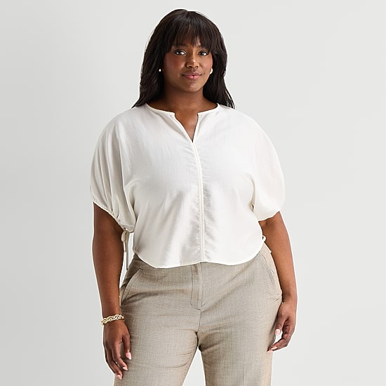 Worthington Womens Plus Split Crew Neck Elbow Sleeve Blouse