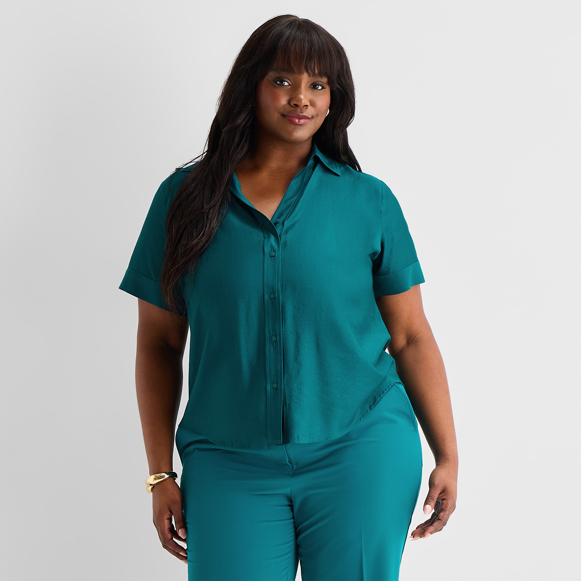 Worthington Womens Plus Cuffed Short Sleeve Slim Fit Button-Down Shirt