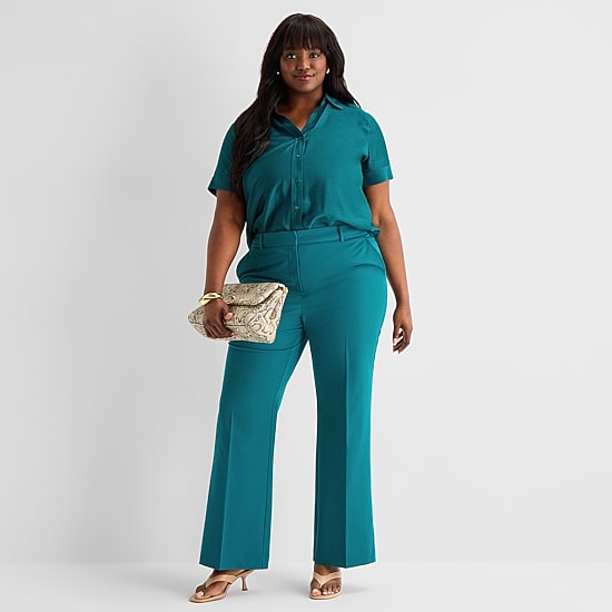 Worthington Womens Plus Cuffed Short Sleeve Slim Fit Button-Down Shirt