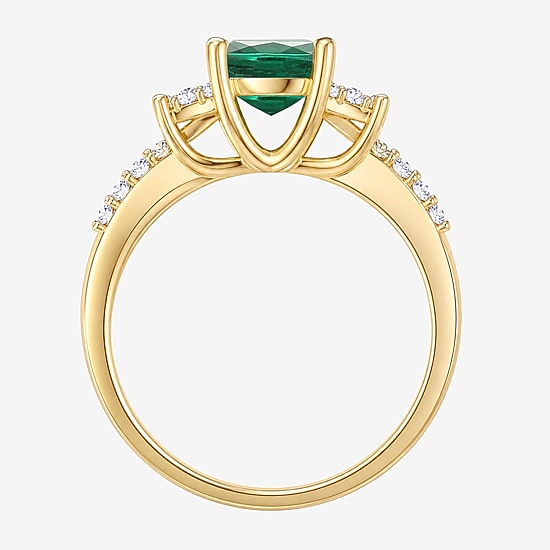 Womens Lab Created Green Emerald 14K Gold Over Silver Oval Side Stone Cocktail Ring