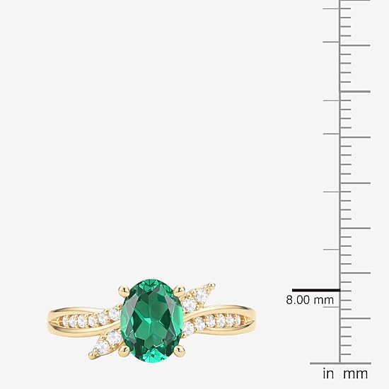 Womens Lab Created Green Emerald 14K Gold Over Silver Oval Side Stone Cocktail Ring