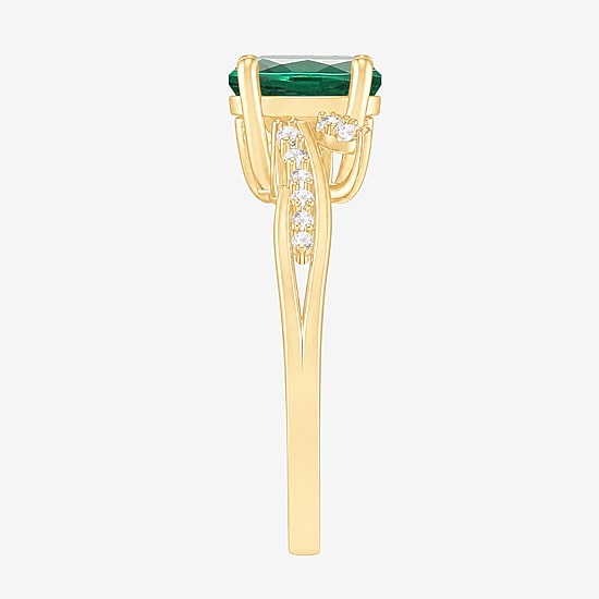 Womens Lab Created Green Emerald 14K Gold Over Silver Oval Side Stone Cocktail Ring