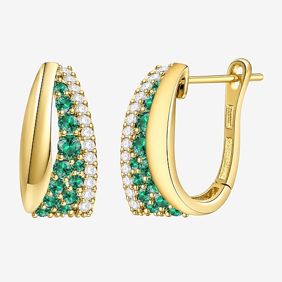 Womens Lab Created Green Emerald 14K Gold Over Silver 14mm Hoop Earrings