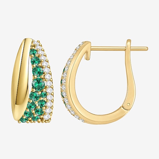 Womens Lab Created Green Emerald 14K Gold Over Silver 14mm Hoop Earrings