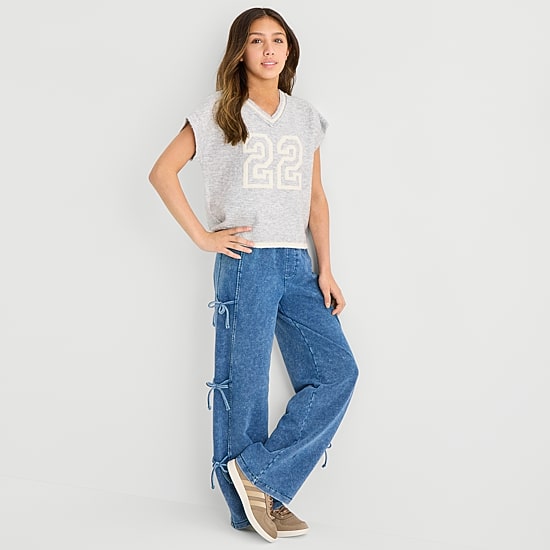 Vanilla Star Big Kid Girls Knit Bow Wide Leg Jean