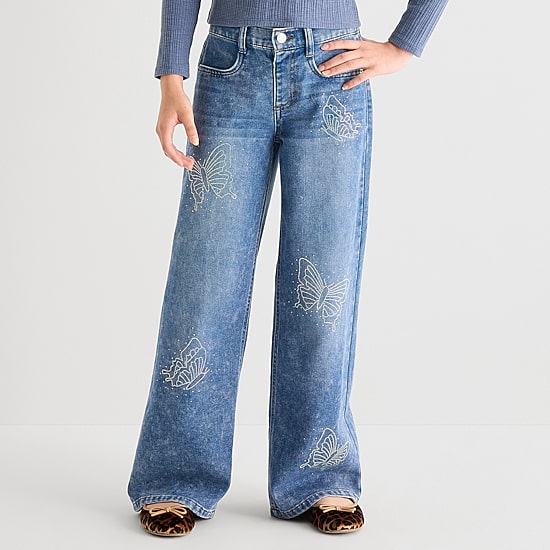 Vanilla Star Big Kid Girls Butterfly Rhinestone Wide Leg Jean