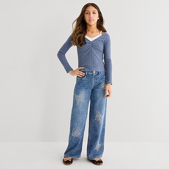 Vanilla Star Big Kid Girls Butterfly Rhinestone Wide Leg Jean