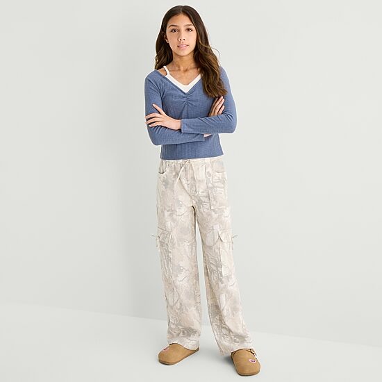 Vanilla Star Cozy Woodland Camo Big Kid Girls Wide Leg Cargo Pant