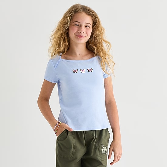 Thereabouts Little & Big Kid Girls Square Neck Short Sleeve Embroidered T-Shirt