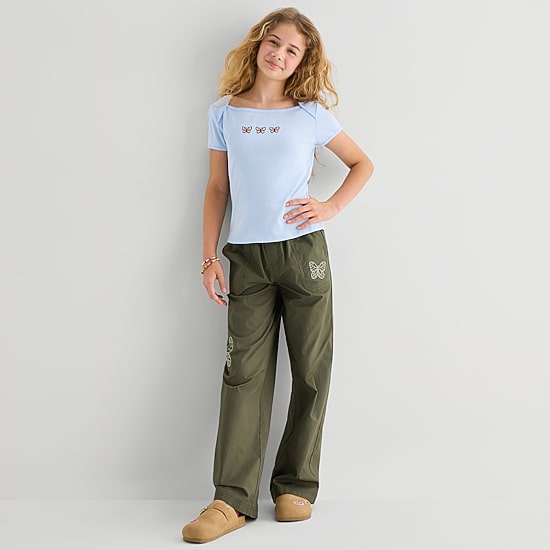 Thereabouts Little & Big Kid Girls Square Neck Short Sleeve Embroidered T-Shirt