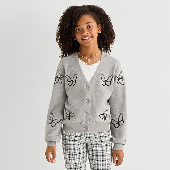 Thereabouts Little & Big Kid Girls V Neck Long Sleeve Button Floral Cardigan