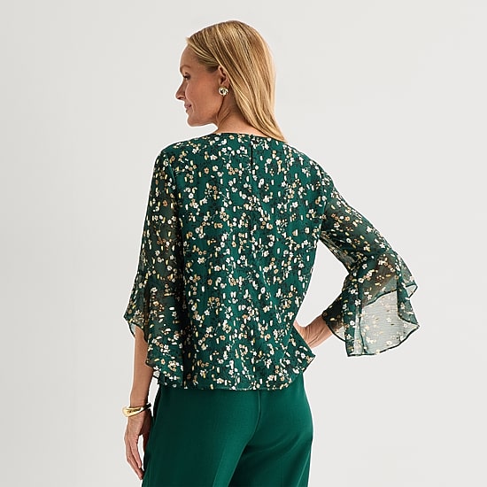 Black Label by Evan-Picone Gold Foil Womens Crew Neck 3/4 Sleeve Embellished Blouse