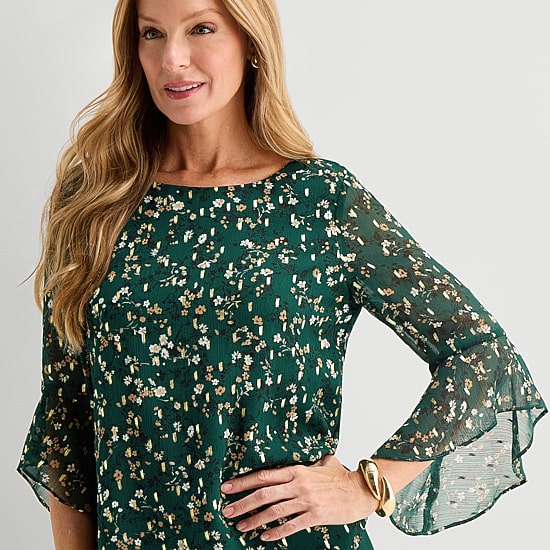 Black Label by Evan-Picone Gold Foil Womens Crew Neck 3/4 Sleeve Embellished Blouse