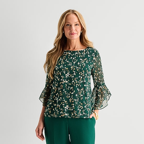 Black Label by Evan-Picone Gold Foil Womens Crew Neck 3/4 Sleeve Embellished Blouse