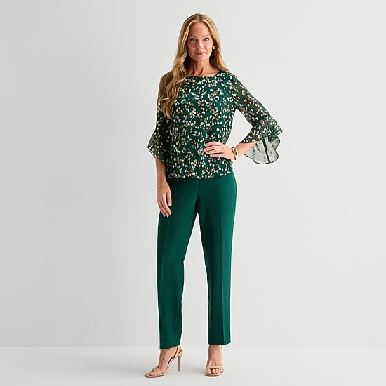 Black Label by Evan-Picone Gold Foil Womens Crew Neck 3/4 Sleeve Embellished Blouse