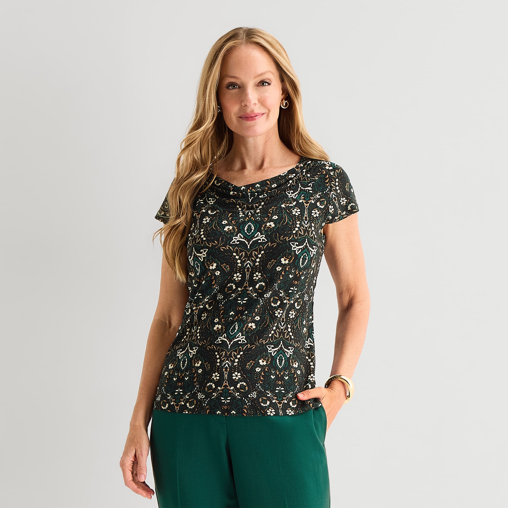 Black Label by Evan-Picone Womens Cowl Neck Short Sleeve Blouse