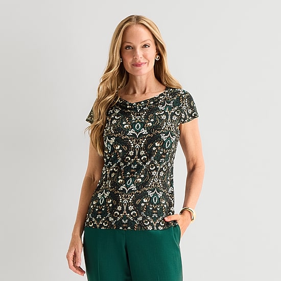 Black Label by Evan-Picone Womens Cowl Neck Short Sleeve Blouse
