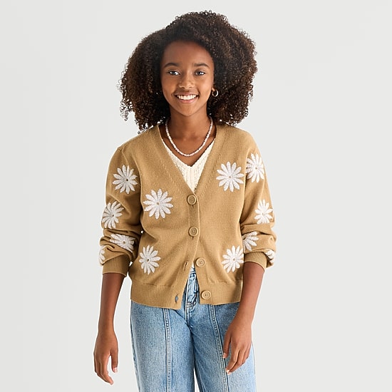 Thereabouts Little & Big Kid Girls V Neck Long Sleeve Button Cardigan