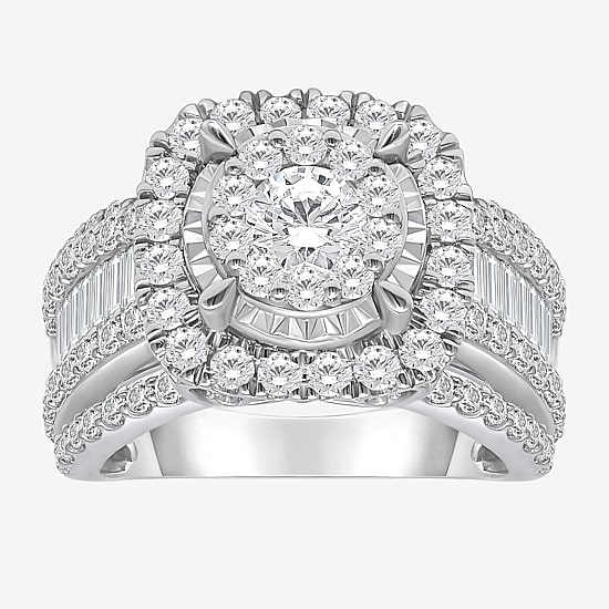 (I / I1) Womens 3 CT. T.W. Lab Grown White Diamond 10K Gold Cushion Side Stone Halo Engagement Ring