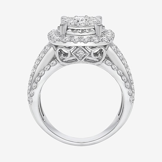 (I / I1) Womens 3 CT. T.W. Lab Grown White Diamond 10K Gold Cushion Side Stone Halo Engagement Ring