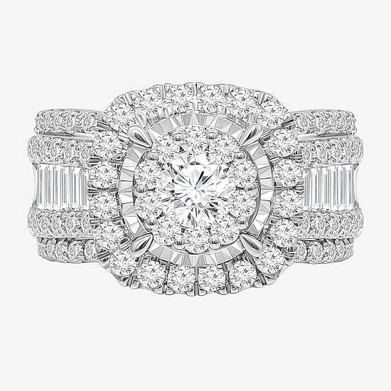 (I / I1) Womens 3 CT. T.W. Lab Grown White Diamond 10K Gold Cushion Side Stone Halo Engagement Ring