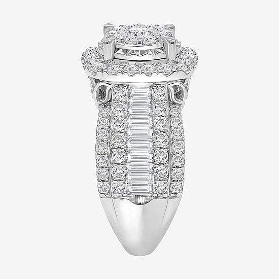 (I / I1) Womens 3 CT. T.W. Lab Grown White Diamond 10K Gold Cushion Side Stone Halo Engagement Ring