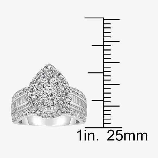 (I / I1) Womens 2 CT. T.W. Lab Grown White Diamond 10K Gold Pear Side Stone Engagement Ring