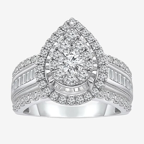 (I / I1) Womens 2 CT. T.W. Lab Grown White Diamond 10K Gold Pear Side Stone Engagement Ring