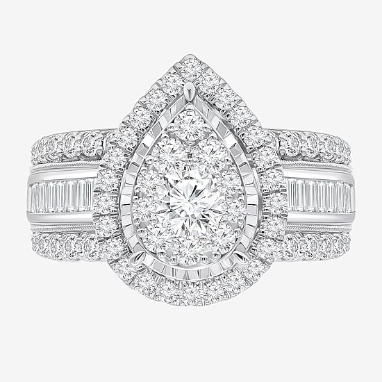 (I / I1) Womens 2 CT. T.W. Lab Grown White Diamond 10K Gold Pear Side Stone Engagement Ring