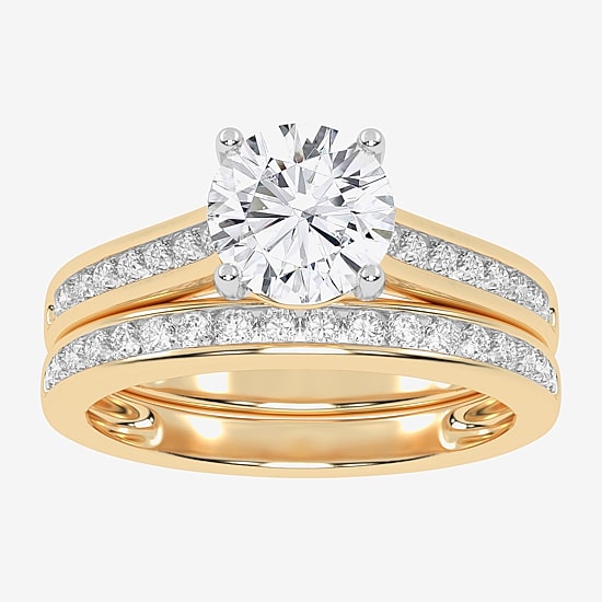 (G / Vs2-Si1) Womens 1 1/2 CT. T.W. Lab Grown White Diamond 10K Gold Round Side Stone Bridal Set