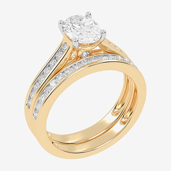 (G / Vs2-Si1) Womens 1 1/2 CT. T.W. Lab Grown White Diamond 10K Gold Oval Side Stone Bridal Set