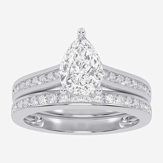 (G / Vs2-Si1) Womens 1 1/2 CT. T.W. Lab Grown White Diamond 10K White Gold Pear Side Stone Bridal Set