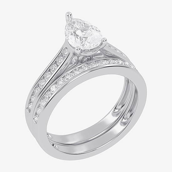 (G / Vs2-Si1) Womens 1 1/2 CT. T.W. Lab Grown White Diamond 10K White Gold Pear Side Stone Bridal Set