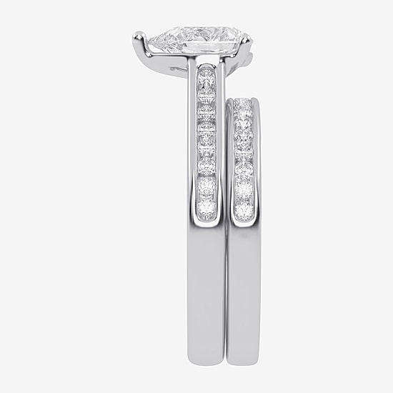 (G / Vs2-Si1) Womens 1 1/2 CT. T.W. Lab Grown White Diamond 10K White Gold Pear Side Stone Bridal Set