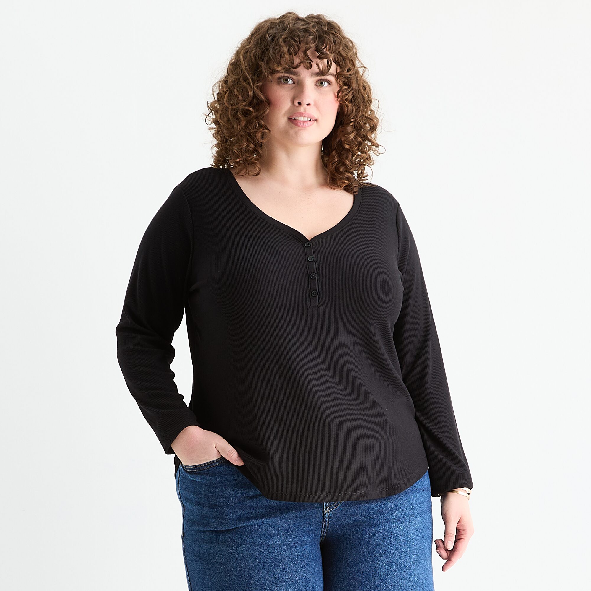 a.n.a Womens Plus Long Sleeve Regular Fit Henley Shirt