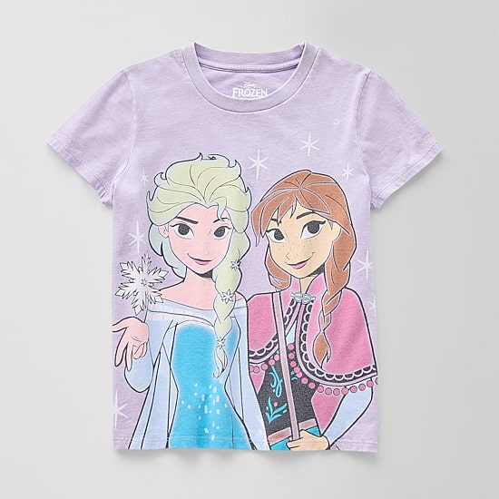 Disney Collection Little & Big Kid Girls Crew Neck Short Sleeve Regular Fit Anna Elsa Frozen Graphic T-Shirt