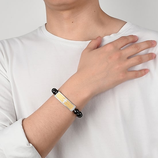 Mens Yellow Gold IP Stainless Steel Black 10mm Beaded Bracelet
