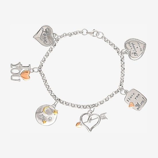 Tri-Tone Sterling Silver Love Heart Charm Bracelet