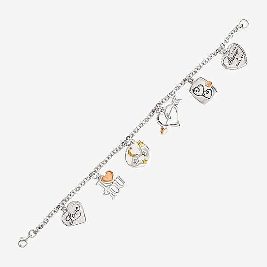 Tri-Tone Sterling Silver Love Heart Charm Bracelet