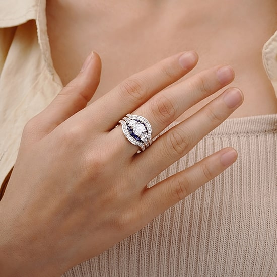 Diamonart® Cubic Zirconia and Lab-Created Blue Sapphire Sterling Silver Engagement Ring and Enhancer