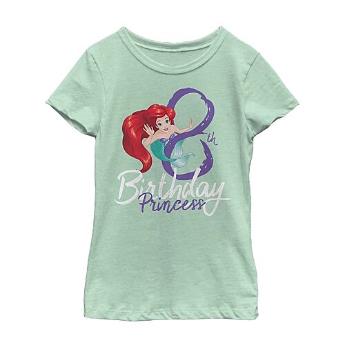 Disney Collection Little & Big Girls Crew Neck Ariel Birthday Short Sleeve Graphic T-Shirt, X-small, Green