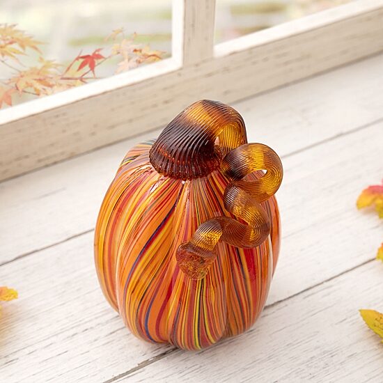 Glitzhome Multi Striped Glass Pumpkin Thanksgiving Tabletop Decor